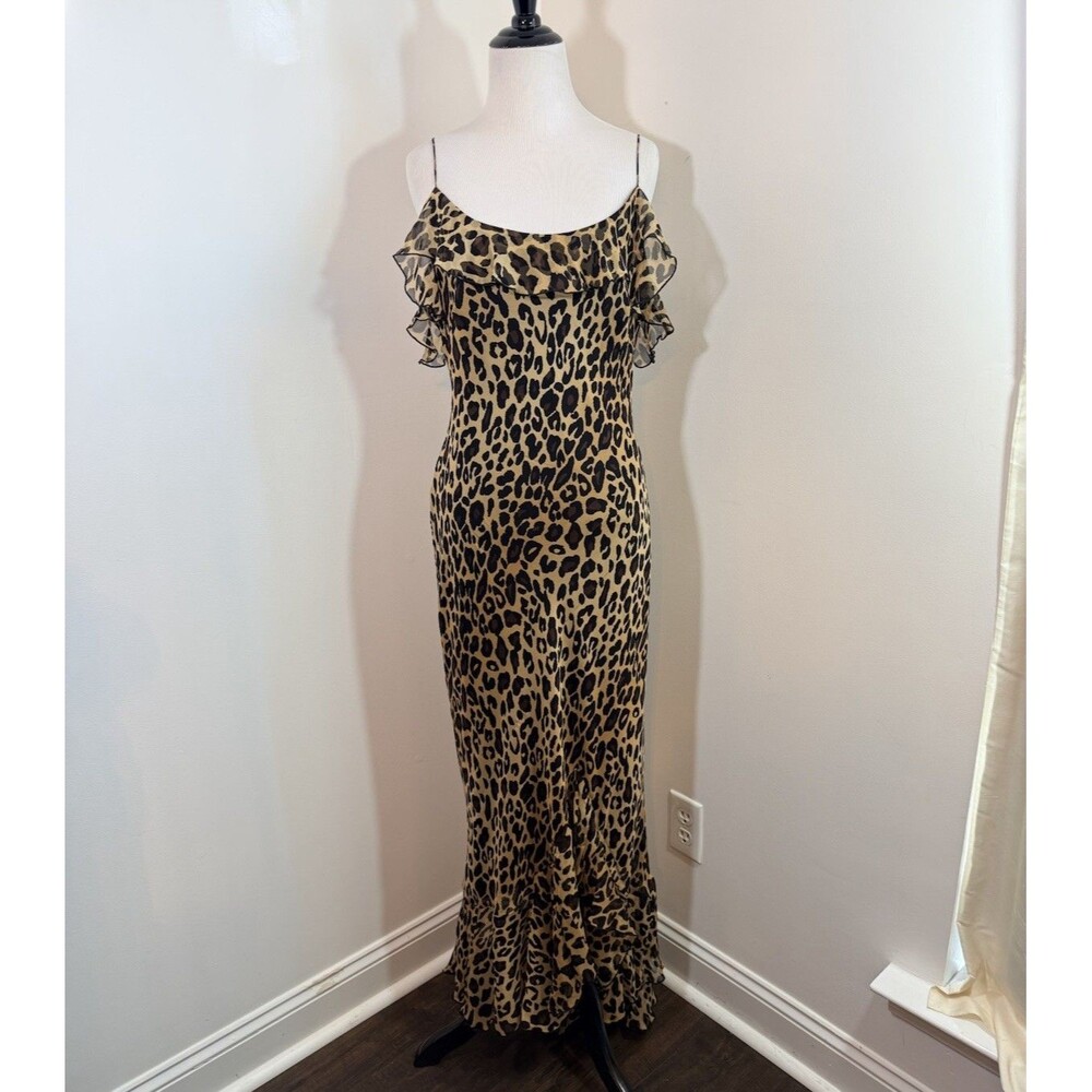 Vintage Caché 100% Silk Leopard Print Maxi Dress Gown Bias Cut Tiered Ruffle M